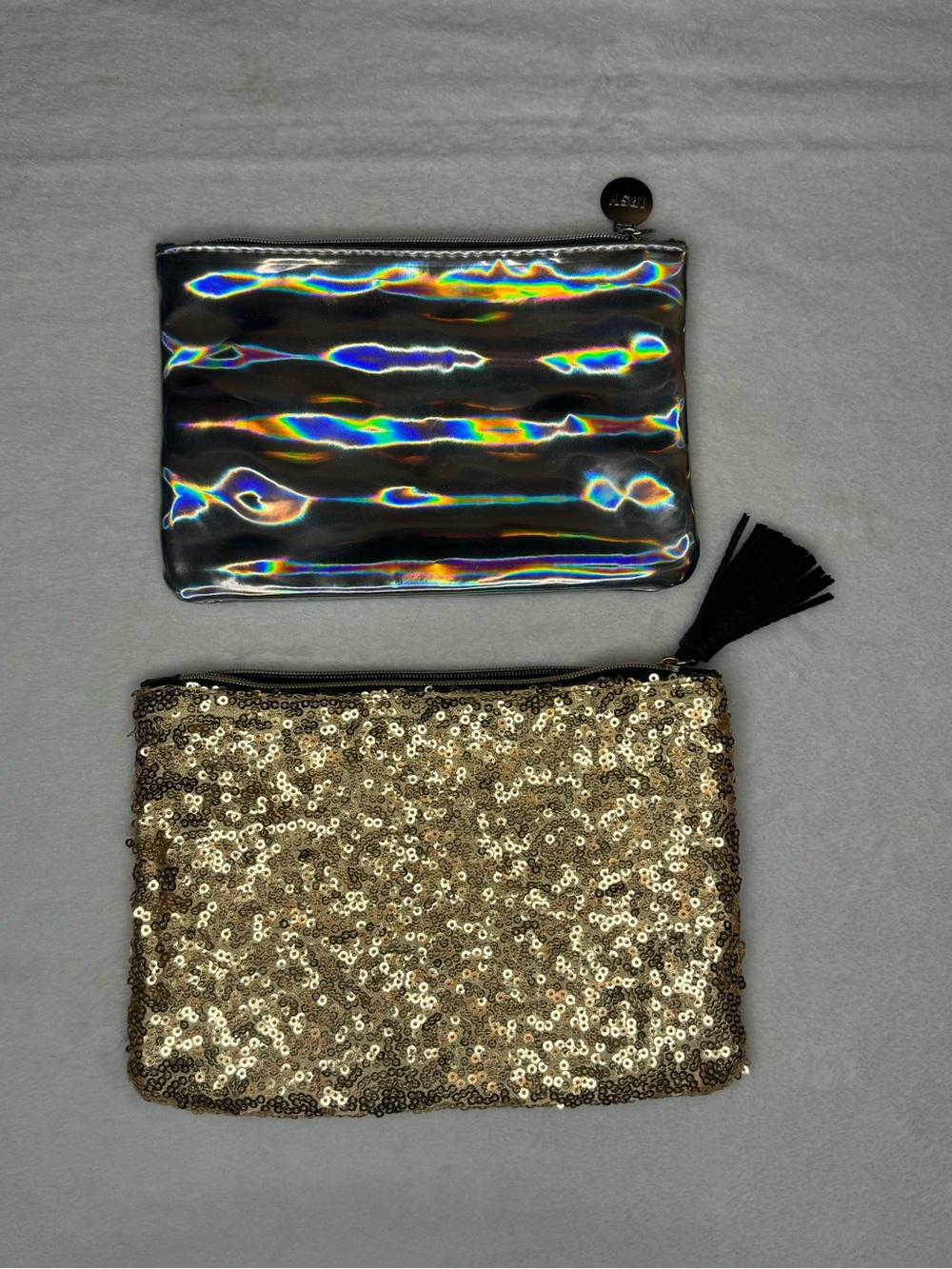 Holographic Silver Clutch & Gold Sequin Pouch Set